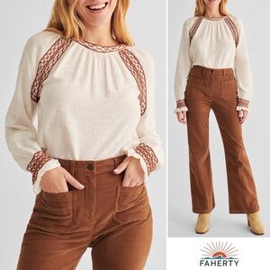 Faherty Arles Embroidered Long Sleeve Blouse Egret Small EUC